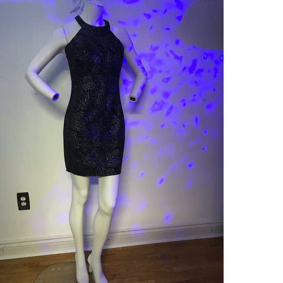 Le Chateau Black stretchy shiny sparkle rainbow metallic open back dress NWT - Picture 4 of 7